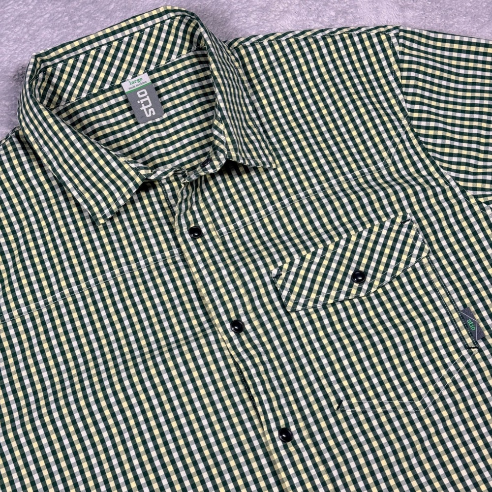 Stio Eddy Shirt Mens Large Green Yellow Gingham Plaid Short Sleeve Button Up